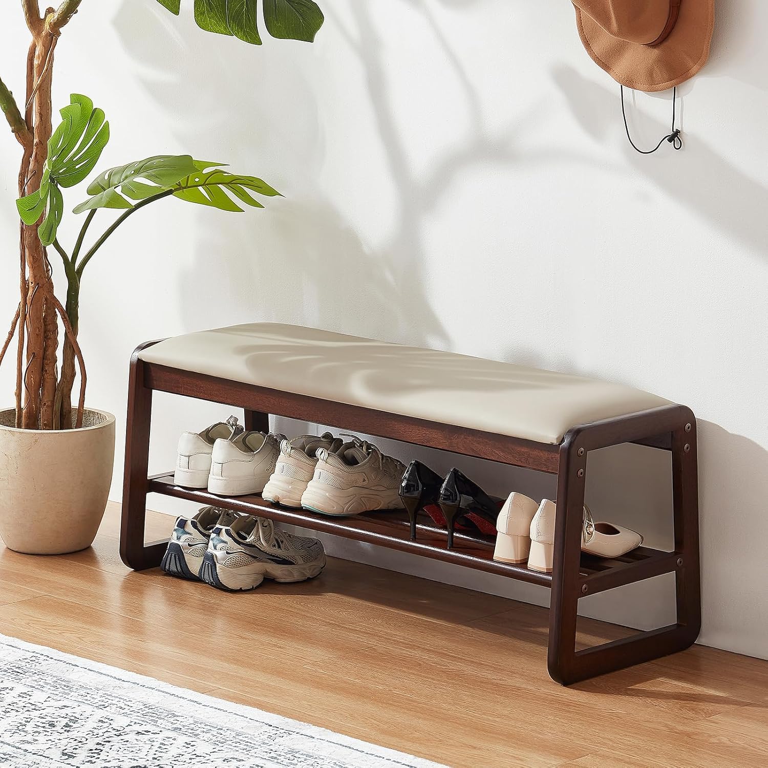 Mid-Century Modern Sheesham Wood Entryway Bench with White Cushion - 2-Tier Storage and Seating for Dining Room, Living Room, or Bedroom